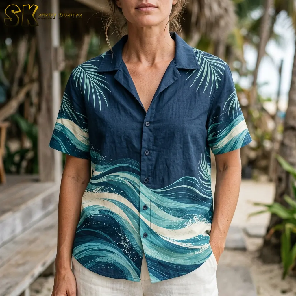 A woman stands on a shaded tropical porch wearing the navy ocean-wave shirt, showing how the diagonal wave pattern falls across the front and the palm leaf print sits at the shoulders in a women's fit.