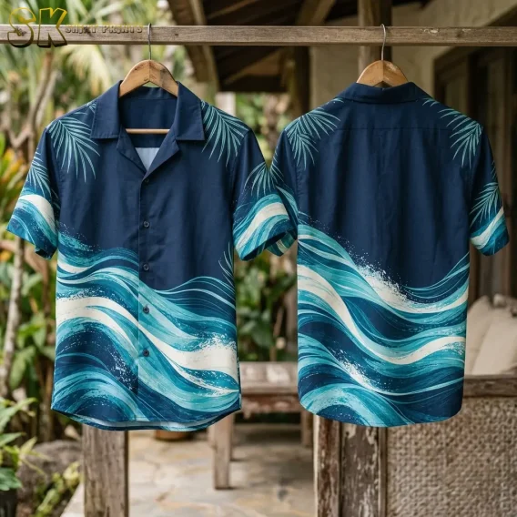 Two custom logo hawaiian shirts hang side by side on wooden hangers in an open-air tropical setting, the front showing the navy base with diagonal turquoise wave graphics and the back revealing the same wave design flowing across the lower half.