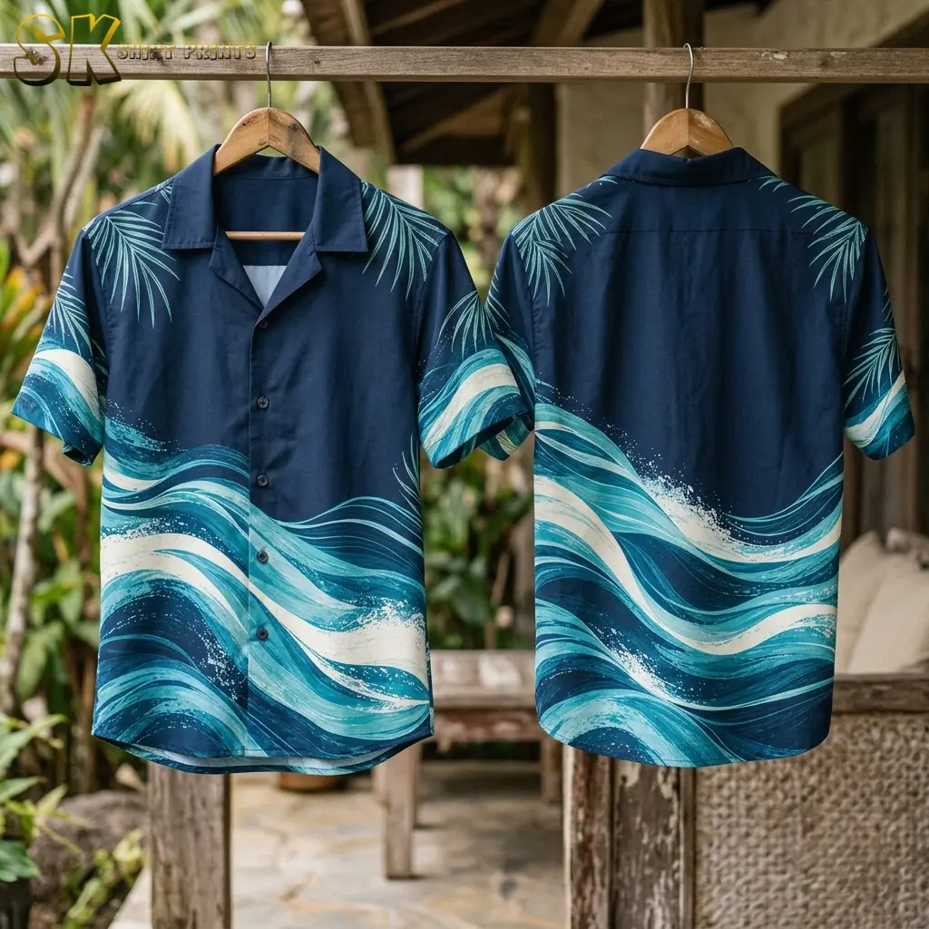 Two custom logo hawaiian shirts hang side by side on wooden hangers in an open-air tropical setting, the front showing the navy base with diagonal turquoise wave graphics and the back revealing the same wave design flowing across the lower half.