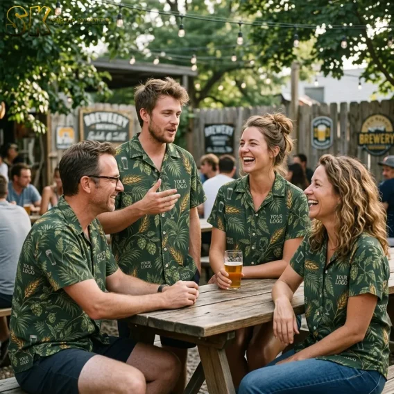Four people seated and standing around a wooden picnic table at an outdoor brewery all wear matching dark green custom logo Hawaiian shirts with hop and barley prints.