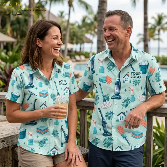 A smiling man and woman stand together at a poolside railing, each wearing a matching mint green custom logo Hawaiian shirt printed with mops, buckets, and gloves, with 'YOUR LOGO' visible on both left chests.