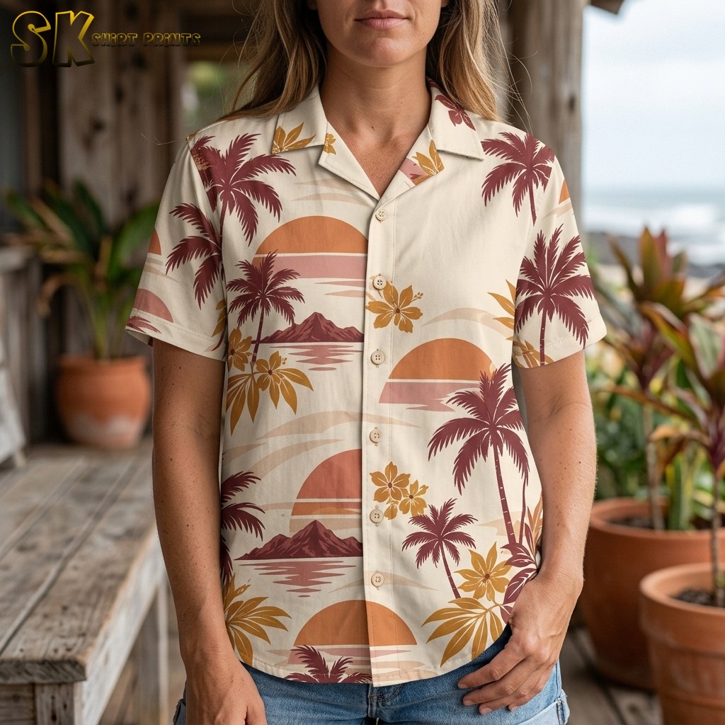 A woman stands on a weathered wooden porch near the ocean wearing the cream Hawaiian shirt, with the repeating mountain-and-sunset scenes and golden hibiscus blooms prominent across the front panels.