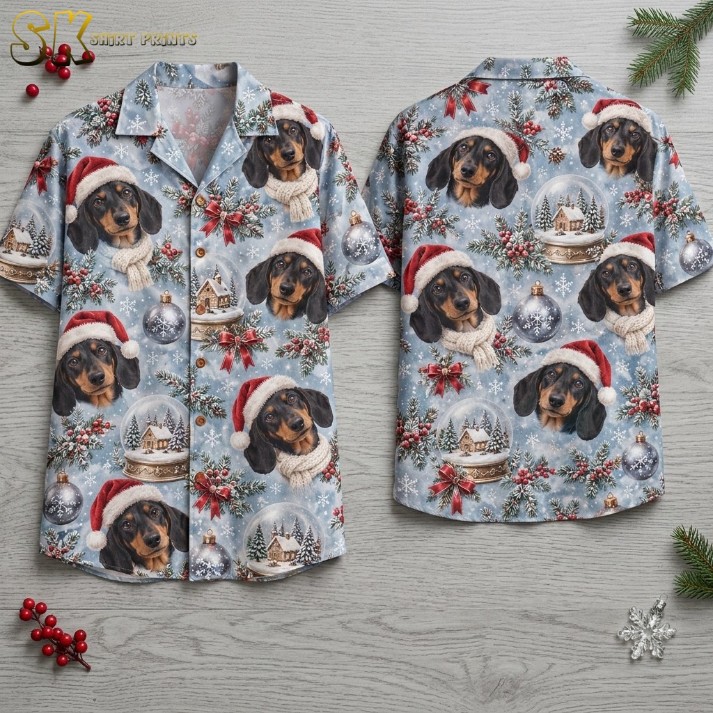 Front and back hanger views of a mens christmas aloha shirt printed with Santa hat dachshund faces, snow globes, silver ornaments, and pine sprigs on a light blue ground.
