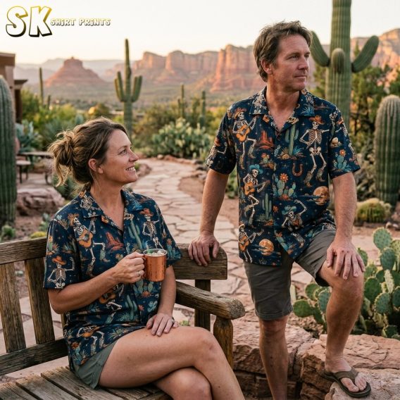 A couple shown together in a lifestyle setting, with one person wearing the dark navy skeleton cowboy shirt featuring dancing skeletons, cacti, and full moons.