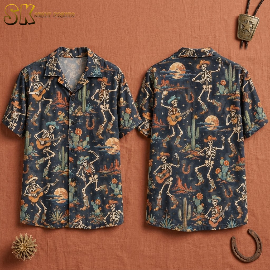Front and back hanger view of a dark navy short-sleeve button-up shirt covered in a repeating pattern of dancing skeleton cowboys wearing hats and boots, with desert cacti, horseshoes, and full moons throughout.