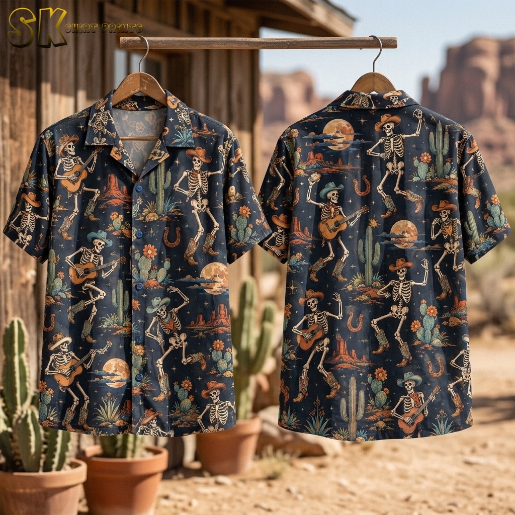 Flat-lay view of the shirt's front and back panels side by side on a surface, showing the full layout of the repeating skeleton cowboy pattern with saguaro cacti, horseshoes, desert flowers, and full moons on a dark navy background.