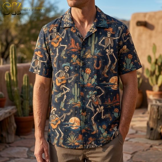 A man wearing the dark navy skeleton cowboy shirt in a lifestyle setting, showing how the all-over pattern looks when worn.
