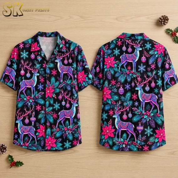 Front and back of a black Christmas aloha shirt laid flat on wood, showing colorful deer, pink poinsettias, and snowflakes.