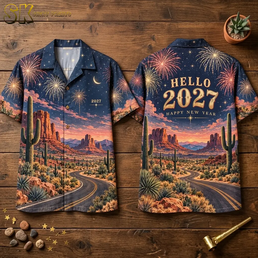 Front and back of a desert New Year shirt laid on wood, with fireworks above a cactus-lined road and large 2027 lettering on the back.