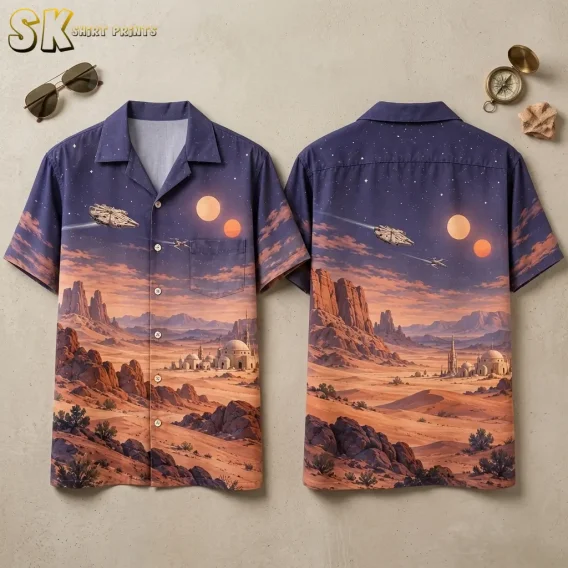 Front and back of a Star Wars Hawaiian shirt laid flat, showing spacecraft and twin suns above an orange desert landscape.