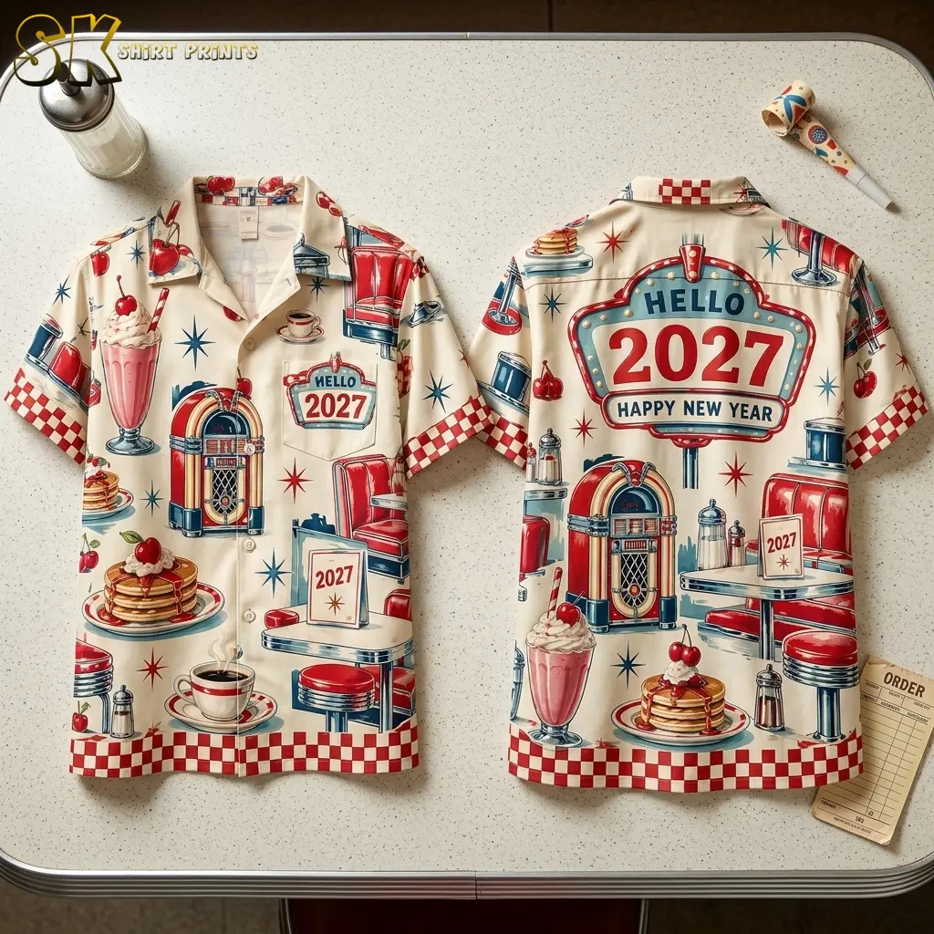 Cream diner-print shirts lie front and back side by side on a speckled table, showing red checkered borders and a large 2027 back sign.