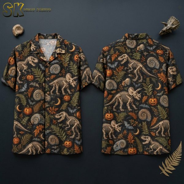 Dinosaur Skeleton Halloween Hawaiian Shirt – Fossil & Jack-o'-Lantern Pattern