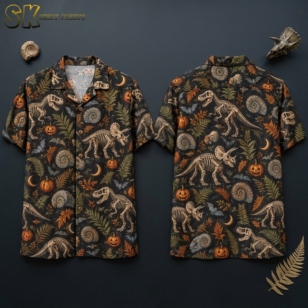 Dinosaur Skeleton Halloween Hawaiian Shirt – Fossil & Jack-o’-Lantern Pattern