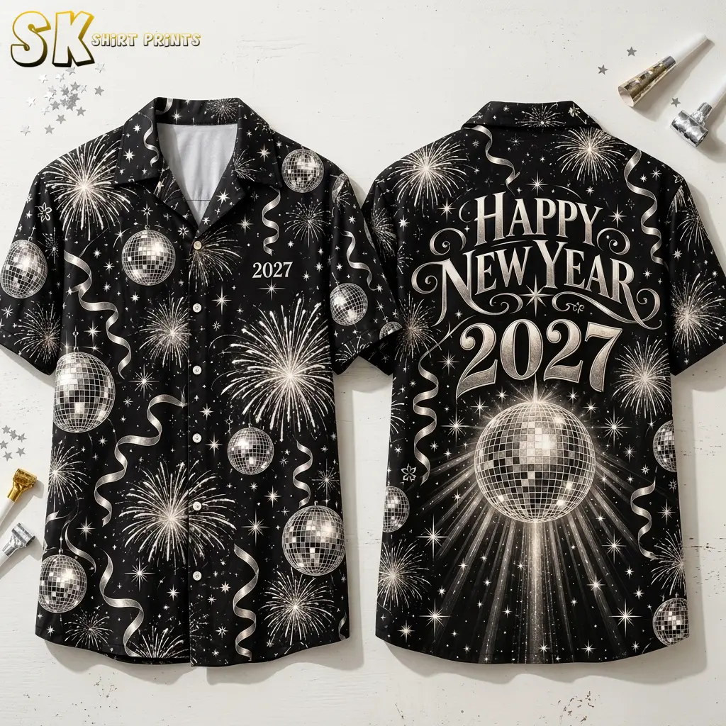 Front and back of a black button-up shirt display silver disco balls, fireworks, and large Happy New Year 2027 lettering.