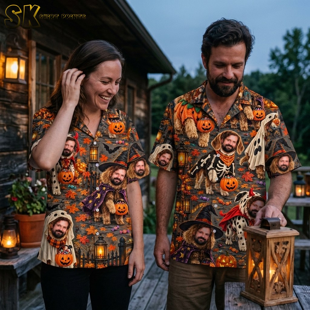 A couple wearing matching or coordinating Halloween-themed Hawaiian shirts printed with costumed bearded dogs carrying jack-o'-lantern candy buckets on a dark background of bats, carved pumpkins, and autumn leaves.