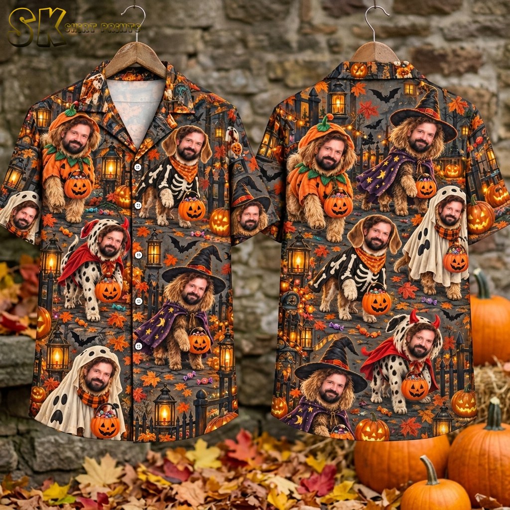 The Halloween dogs Hawaiian shirt laid flat showing both the front and back panels side by side, with the full all-over pattern of costumed bearded dogs, jack-o'-lantern buckets, bats, a wrought iron fence, stone steps, and scattered Halloween candy visible across the dark background.