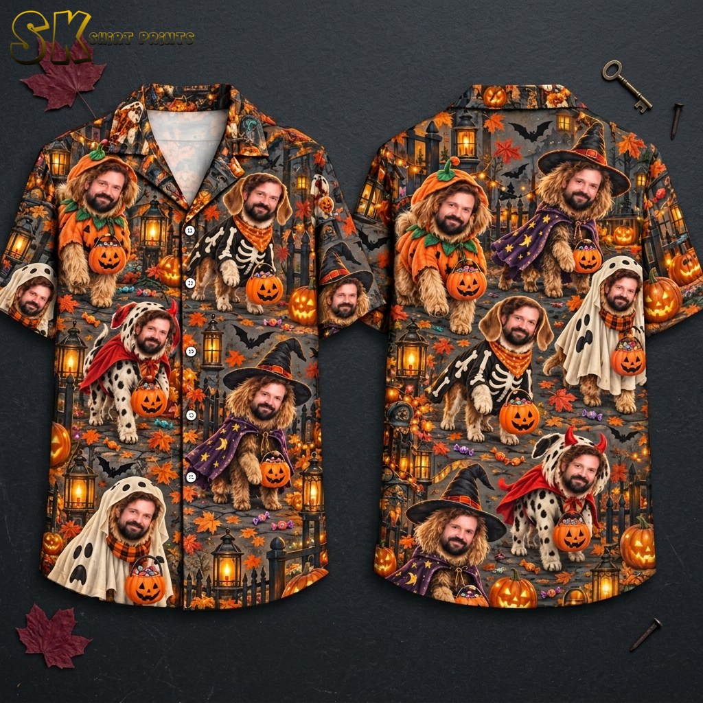 Short-sleeve button-up shirt on a hanger showing the front and back, covered in a dense all-over pattern of bearded dogs dressed in Halloween costumes and carrying jack-o'-lantern candy buckets against a dark nighttime background with bats, lanterns, and fall leaves.