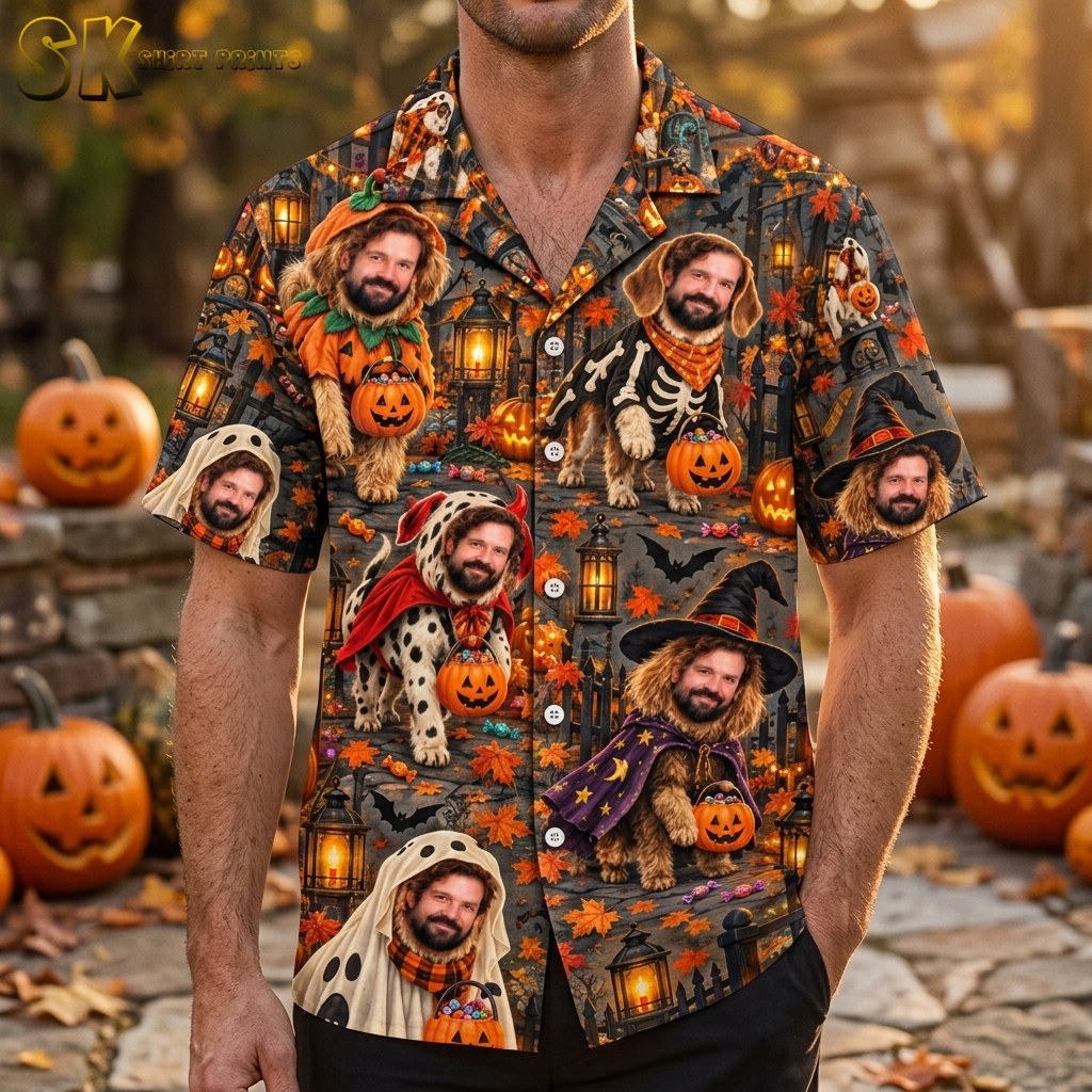 A man wearing the short-sleeve button-up Hawaiian shirt featuring bearded dogs in Halloween costumes such as a pumpkin suit, skeleton, and red devil, each holding an orange jack-o'-lantern candy bucket.