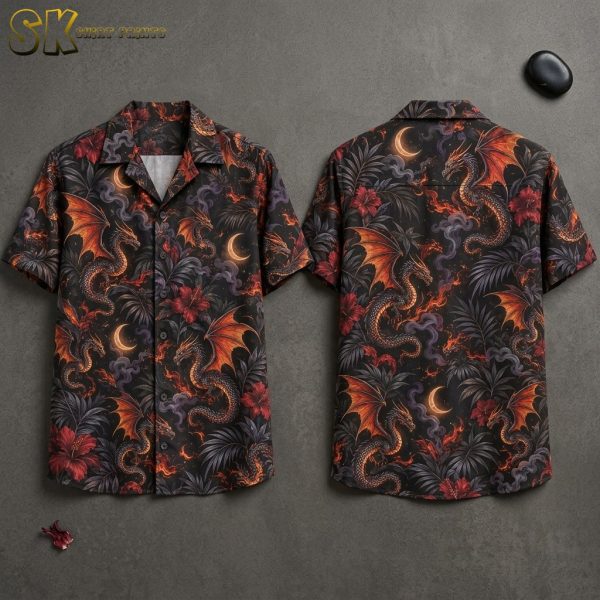 Dragon Halloween Hawaiian Shirt – Fire-Breathing Dragons with Hibiscus and Crescent Moons