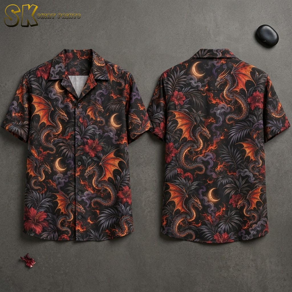 Dragon Halloween Hawaiian Shirt – Fire-Breathing Dragons with Hibiscus and Crescent Moons