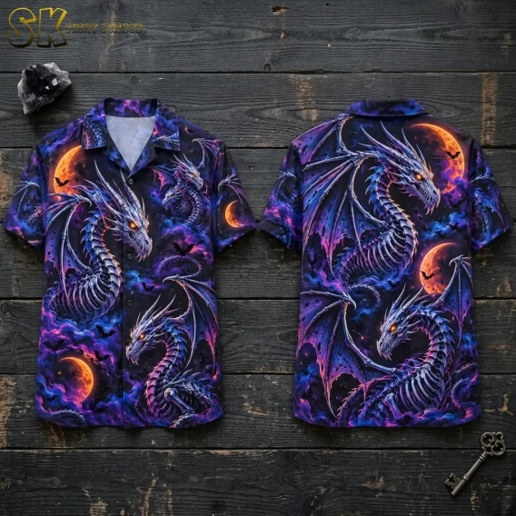 Front and back of a dragon-print Halloween Hawaiian shirt displayed on dark wooden boards, with orange moons and purple clouds.