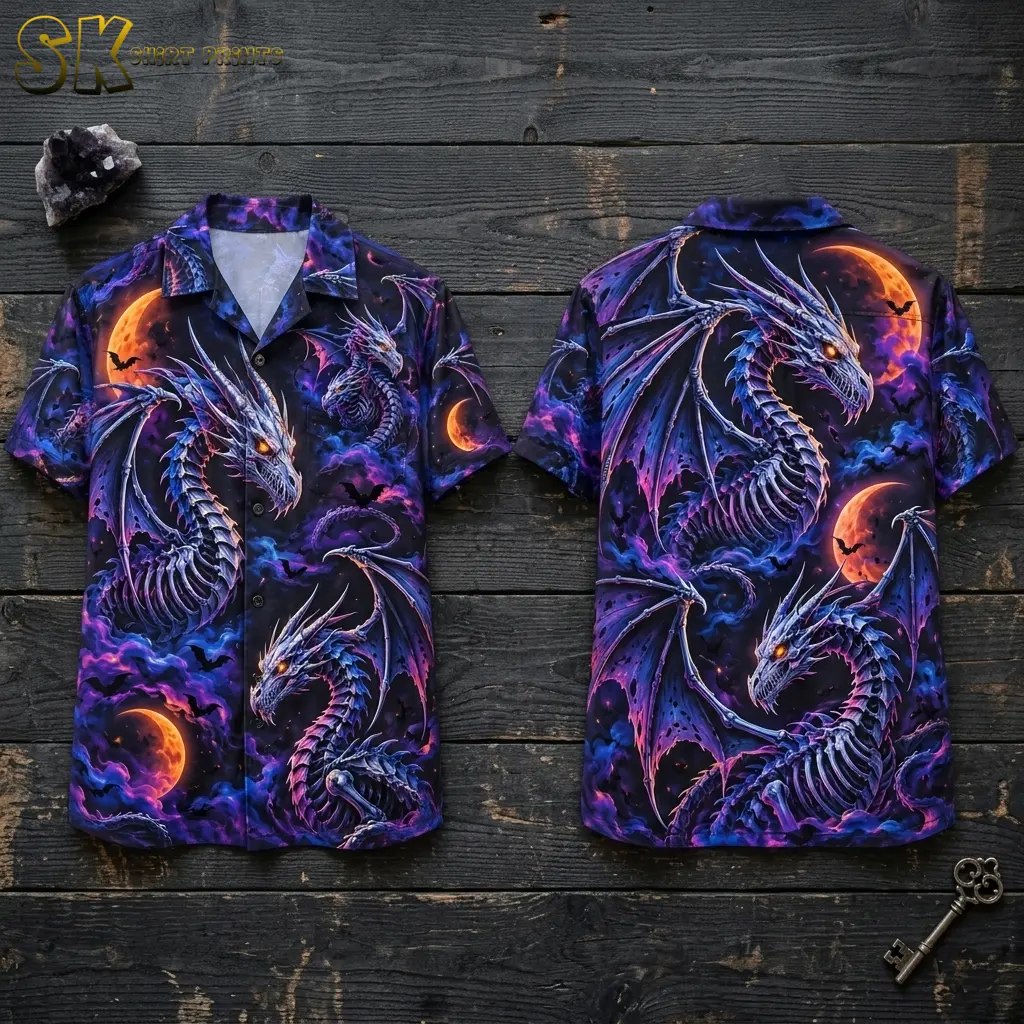 Front and back of a dragon-print Halloween Hawaiian shirt displayed on dark wooden boards, with orange moons and purple clouds.