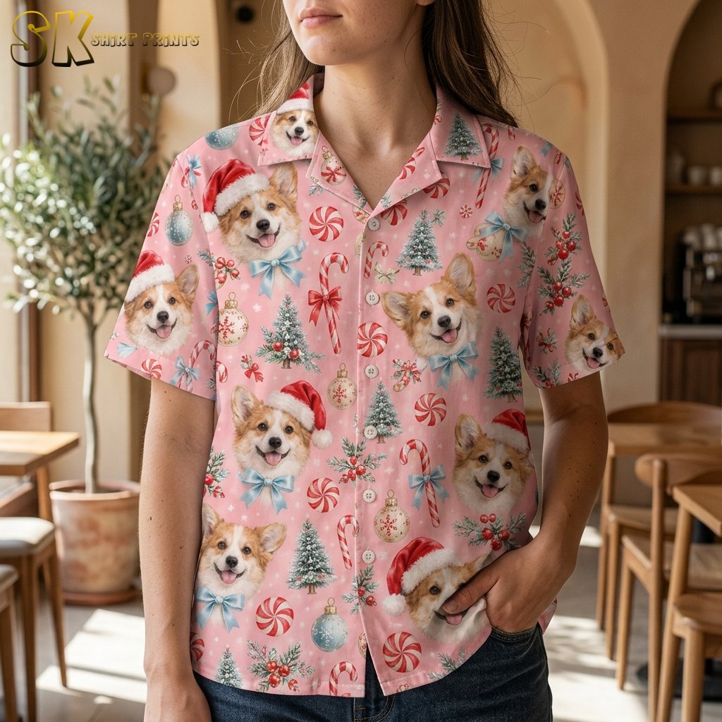 A woman wearing the pink corgi-print shirt stands in a bright café interior, the realistic dog faces wearing Santa hats and blue bows filling the fabric from collar to hem.