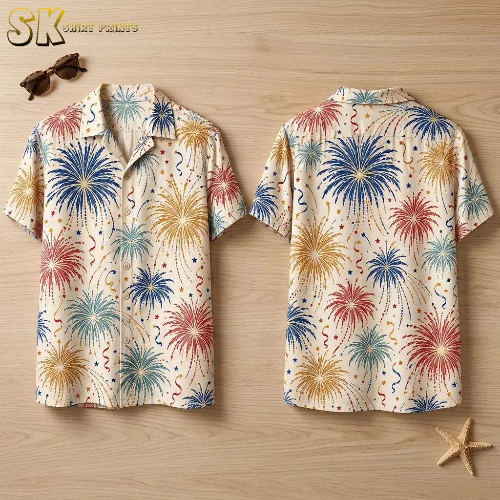 An ivory short-sleeve button-up shirt is laid out front and back on wood, showing colorful fireworks, stars, and streamers.