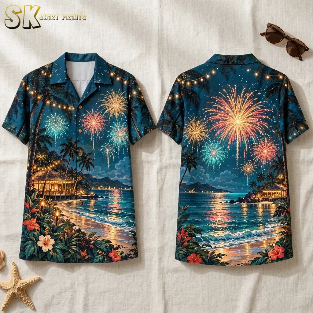 Front and back of a blue button-up shirt lie on a light background, showing fireworks above a tropical beach scene.