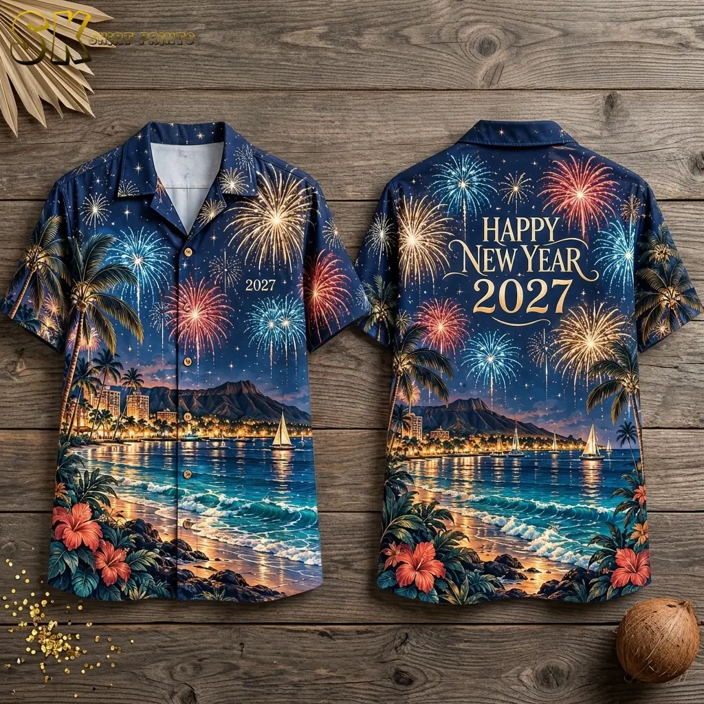 Front and back of a navy short-sleeve shirt on wood boards, with fireworks, a tropical shoreline, and gold New Year 2027 lettering.