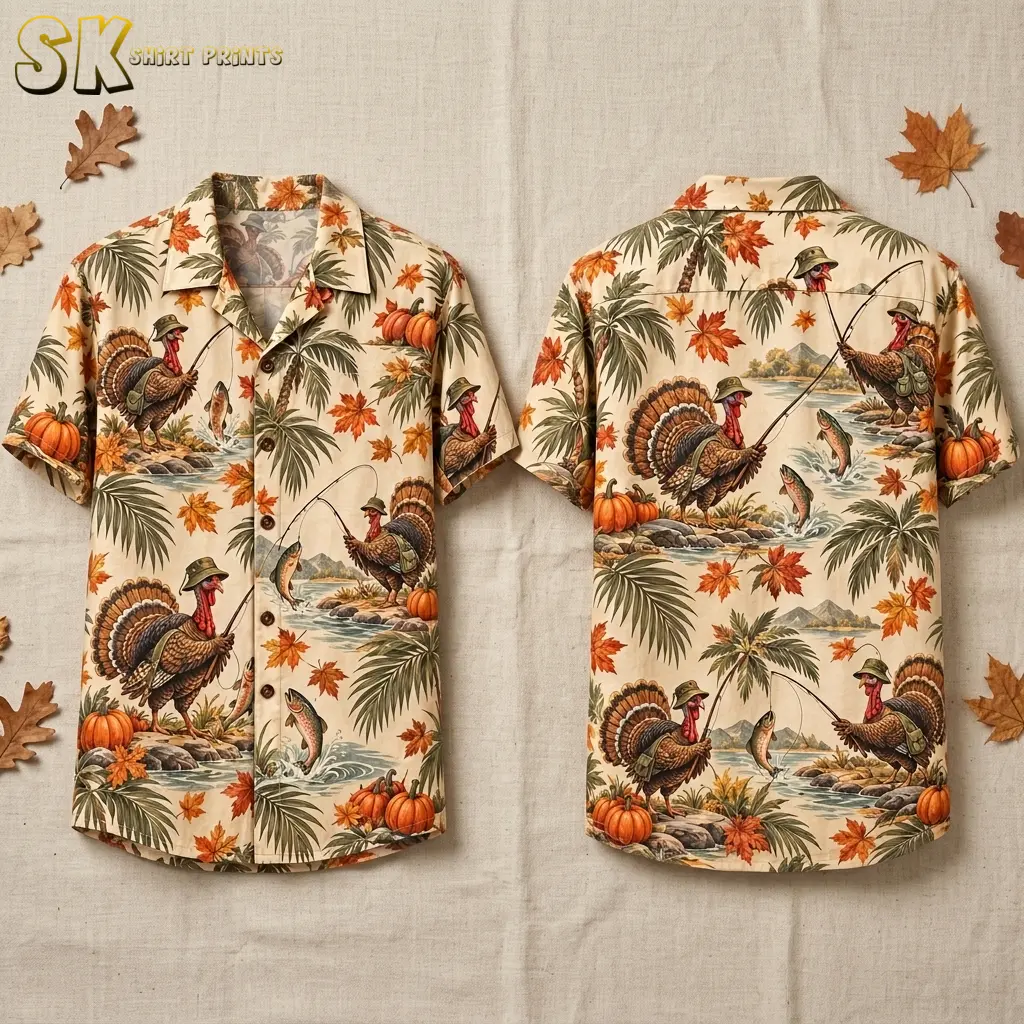 Front and back of a beige short-sleeve shirt with fishing turkeys, pumpkins, and palm leaves, displayed beside scattered fall leaves.