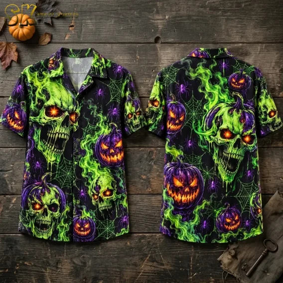 Front and back of a black Halloween Hawaiian shirt lie on wooden boards, showing green flaming skulls and purple jack-o’-lanterns.