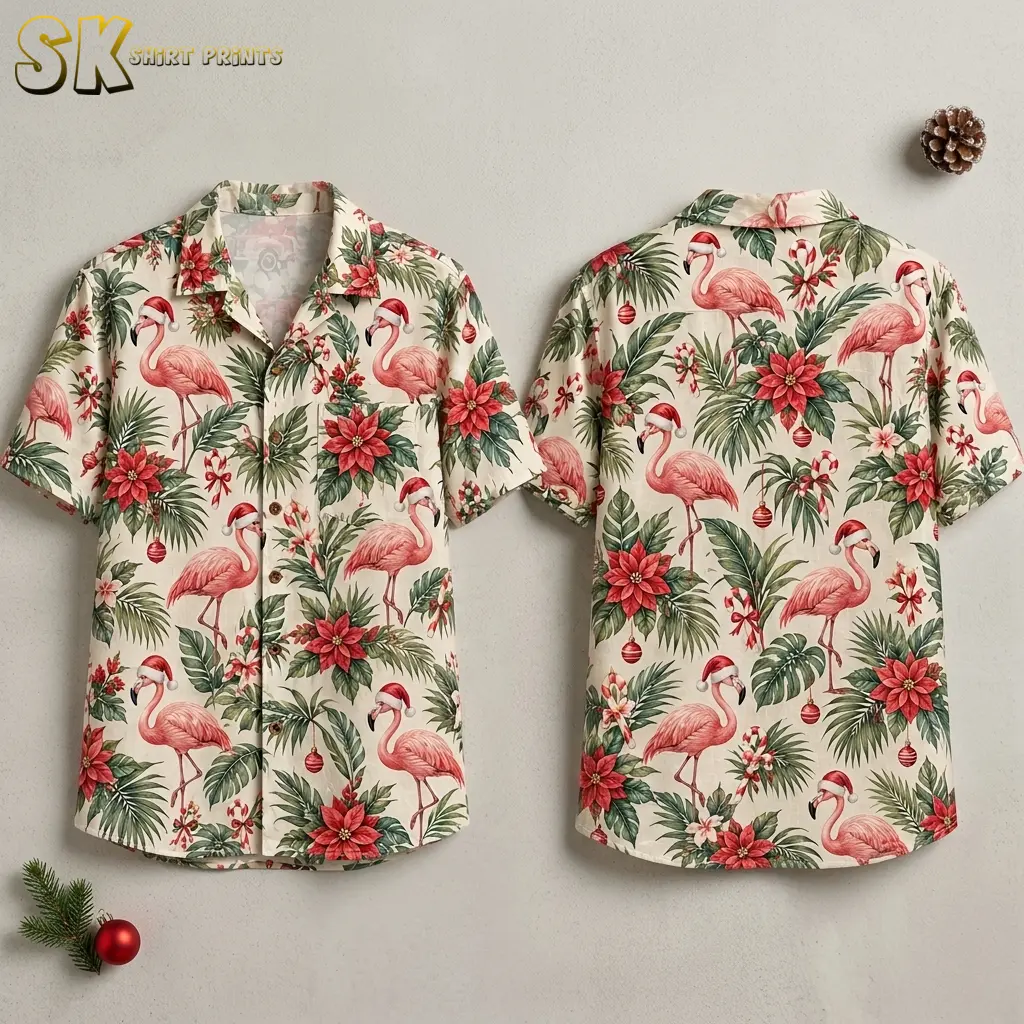 Front and back of a cream short-sleeve shirt with Santa-hat flamingos and red poinsettias against a light background.