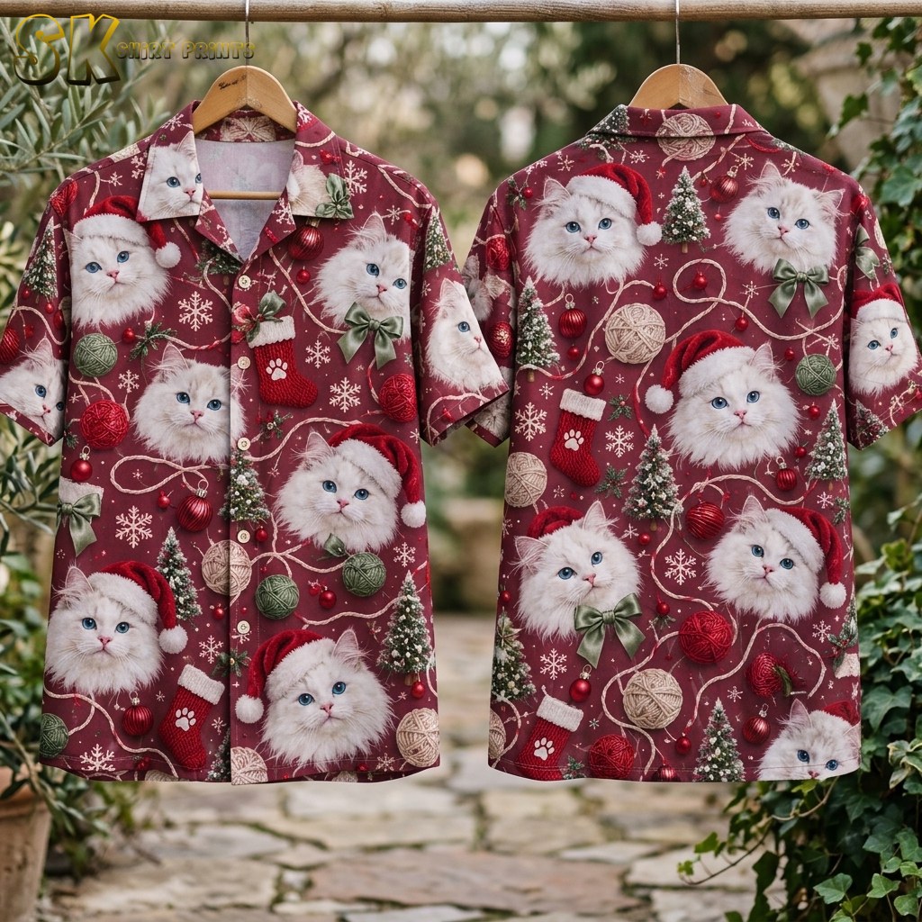 Two shirts hung side by side on wooden hangers outdoors show the front and back of the santa hawaiian shirt, with white cats in Santa hats and green bows arranged in a dense repeating pattern on a dark red ground.