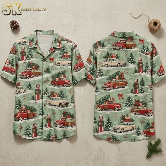 Both sides of a christmas hawaiian shirt laid flat, showing the sage green camp-collar design covered in vintage woody wagons, snow-dusted pines, and wreath-decorated red gas pumps.