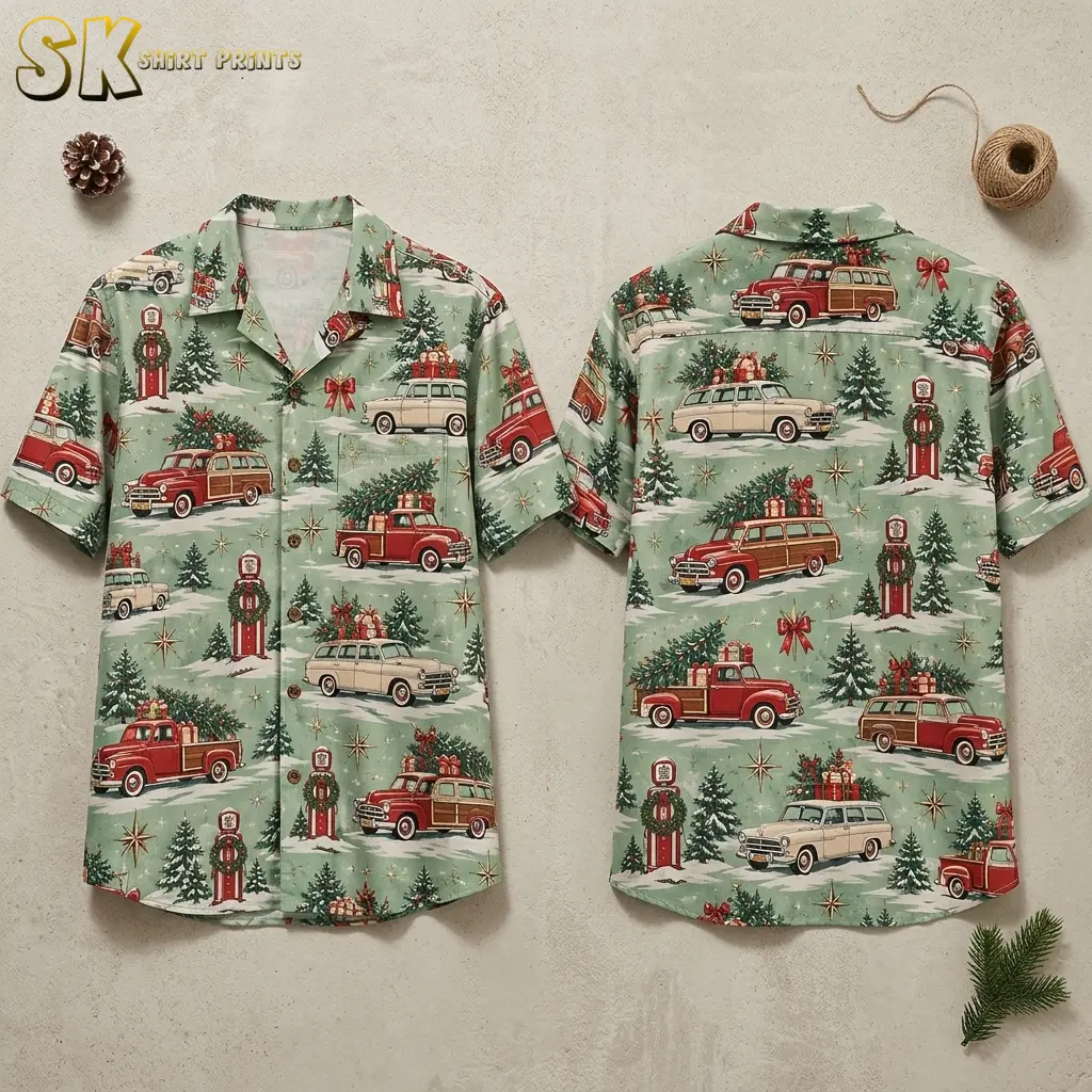 Both sides of a christmas hawaiian shirt laid flat, showing the sage green camp-collar design covered in vintage woody wagons, snow-dusted pines, and wreath-decorated red gas pumps.