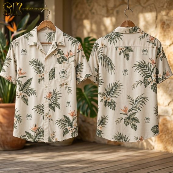 The shirt is displayed front and back on wooden hangers against a warm stone wall, showing the full spread of the tropical leaf pattern and the repeating Aloha Co. palm tree logos across both panels.