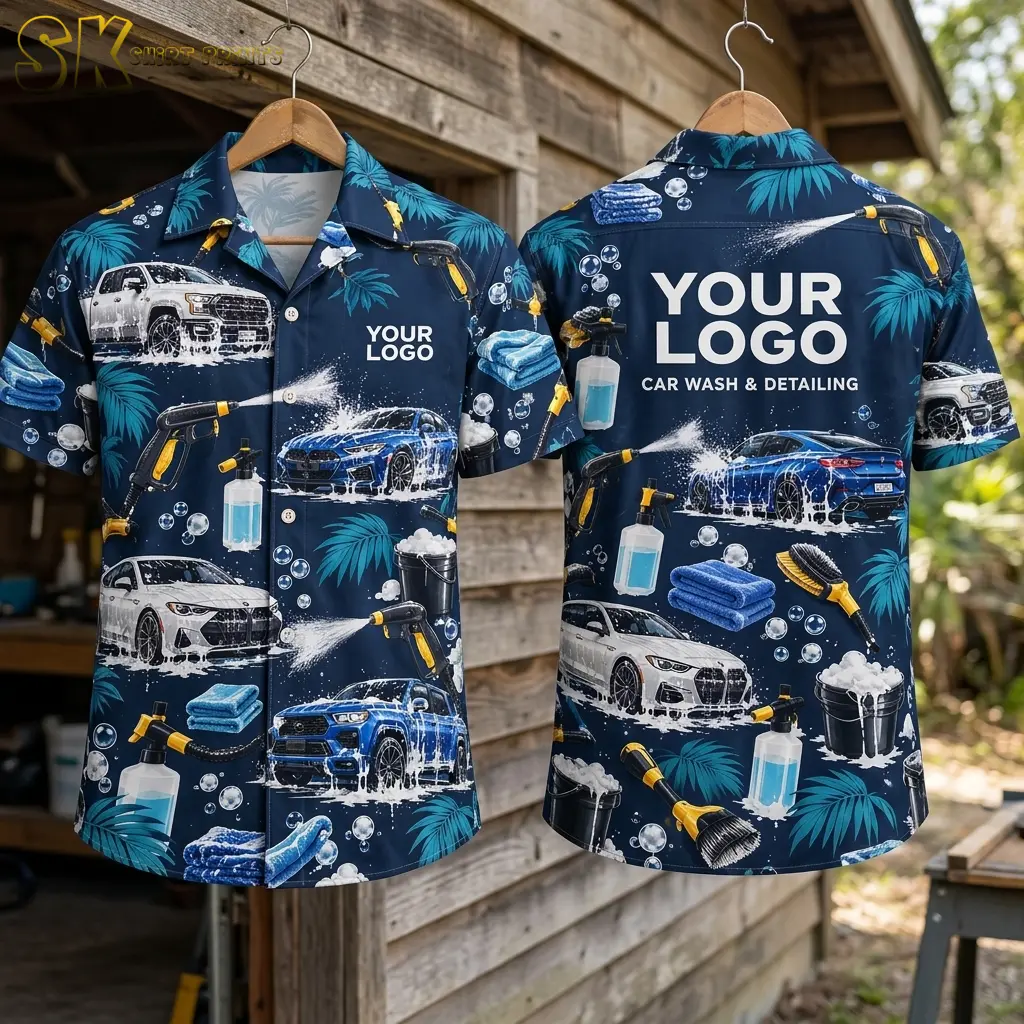 Front and back of the logo hawaiian shirt are displayed on wooden hangers against a rustic wood-plank wall, showing the full all-over car wash pattern on the front and the large back logo block with 'CAR WASH & DETAILING' beneath it.