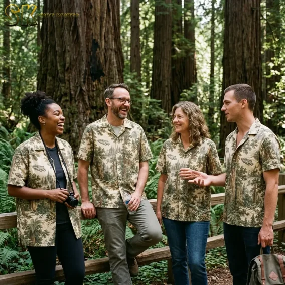 Four adults gather beside a wooden forest railing in matching cream Star Wars aloha shirts with tree and spacecraft motifs.