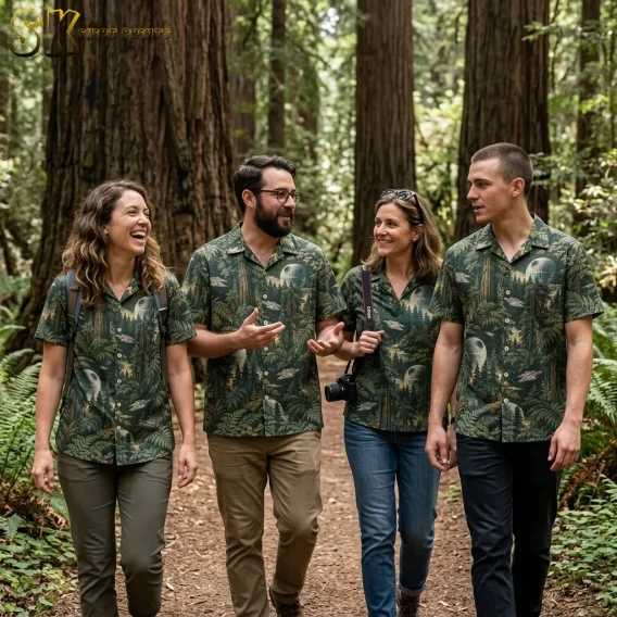 Four adults walk along a forest trail wearing matching green shirts with Death Star and woodland prints.