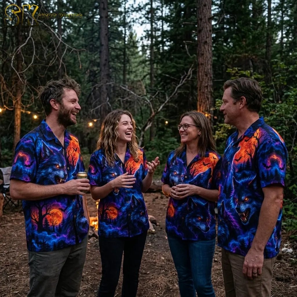 Four adults chat in a wooded setting while wearing matching spooky Hawaiian shirts with blue wolves and orange moons.