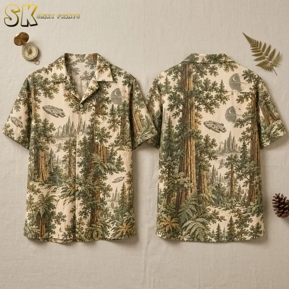 Front and back of a cream Star Wars Hawaiian shirt with forest scenery, spacecraft, and spherical space station motifs.