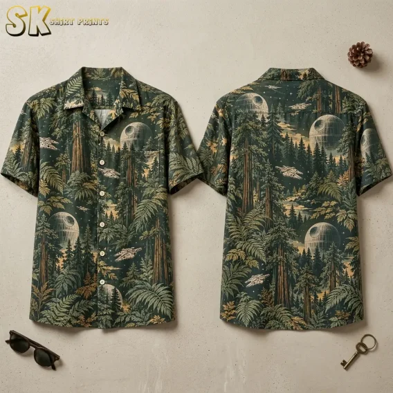 A dark green Star Wars Hawaiian shirt is laid out front and back, showing forest scenery, Death Stars, and spacecraft.