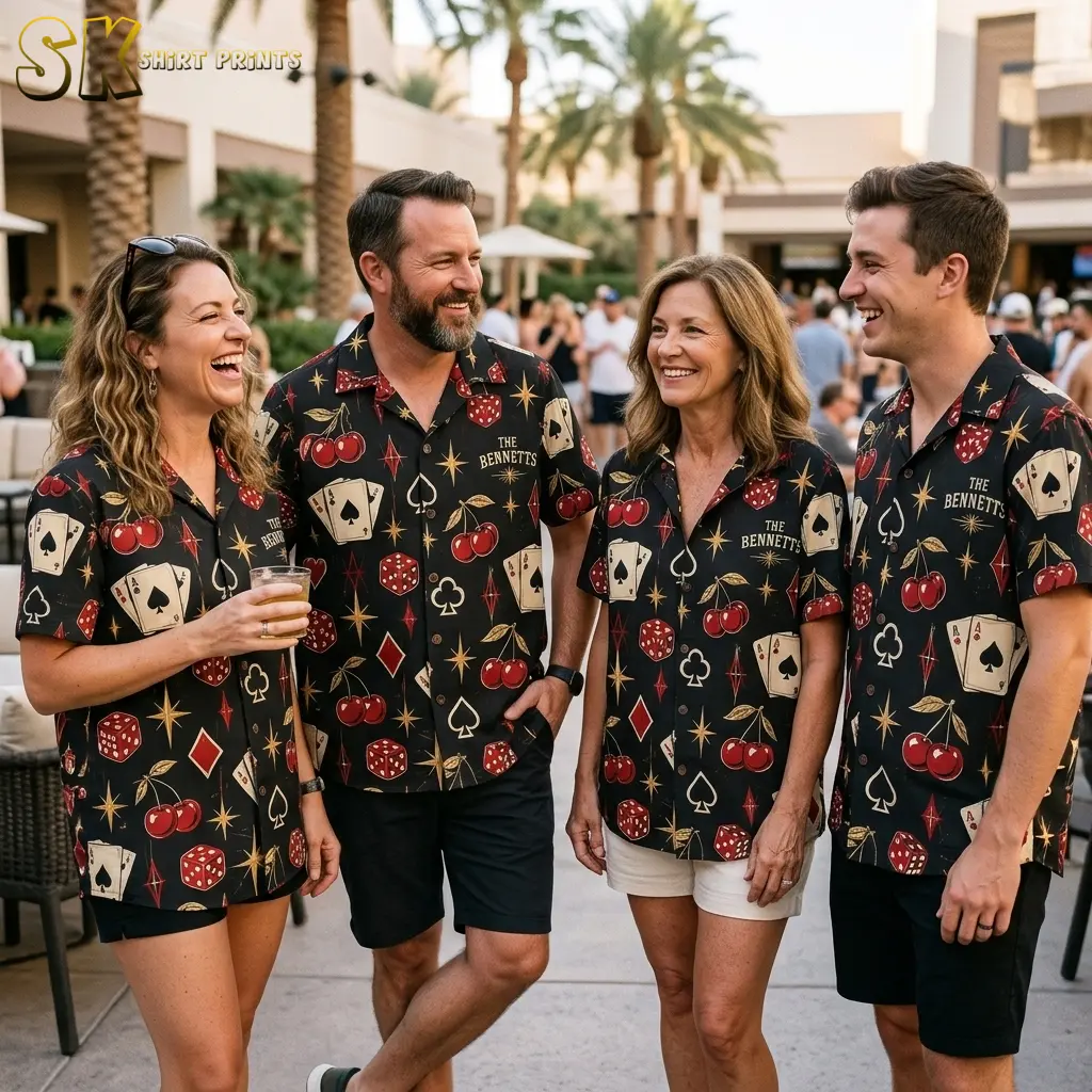 Four smiling adults gather outdoors in matching black casino-print shirts with “THE BENNETTS” chest lettering.