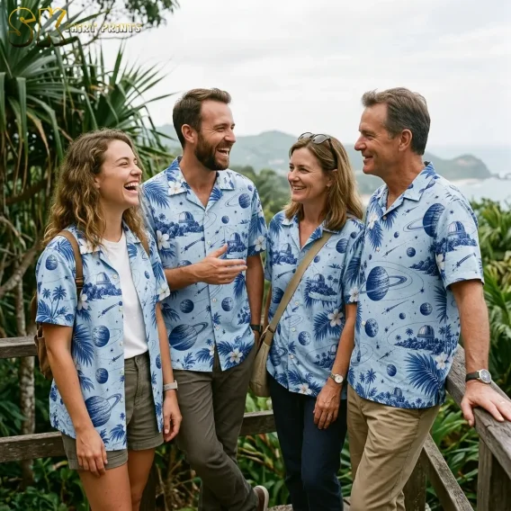 Four smiling adults stand by a wooden railing in matching light blue shirts patterned with planets, flowers, and palm fronds.