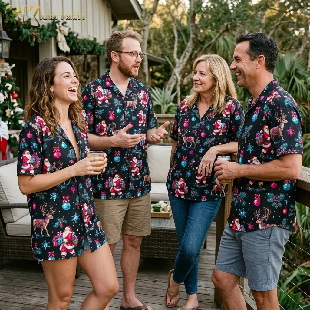 Four adults chat on a wooden deck wearing matching black Xmas Hawaiian shirts patterned with Santa, reindeer, and bright ornaments.