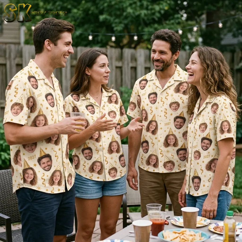 Four adults wear matching cream face-print shirts while chatting beside an outdoor table under string lights.