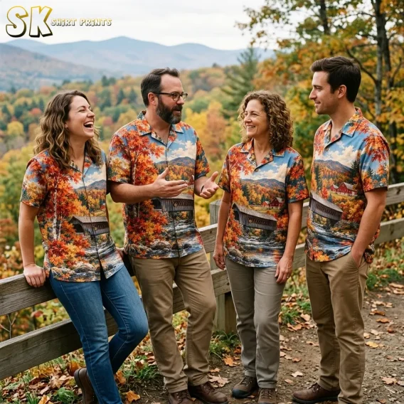 Four adults smile together beside a wooden fence, wearing matching shirts with a river and fall foliage print.