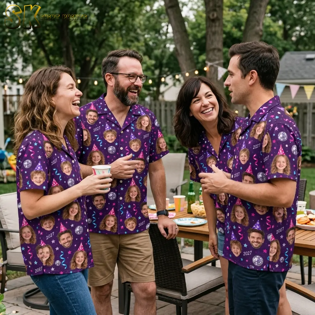 Four adults chat around a patio table wearing matching New Year's shirts with purple backgrounds and repeated face prints.