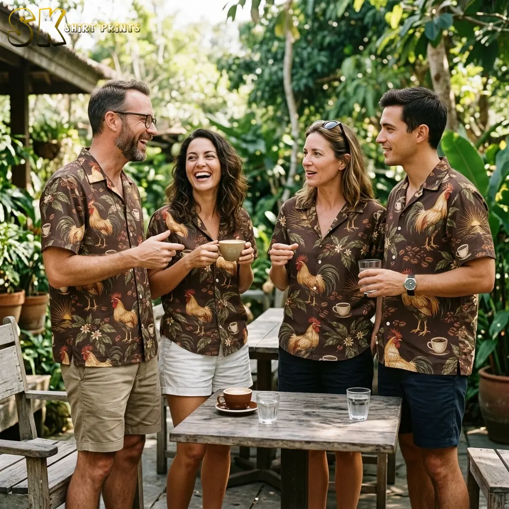 Four adults wear matching brown rooster-print shirts while gathered around a wooden table in a leafy outdoor setting.